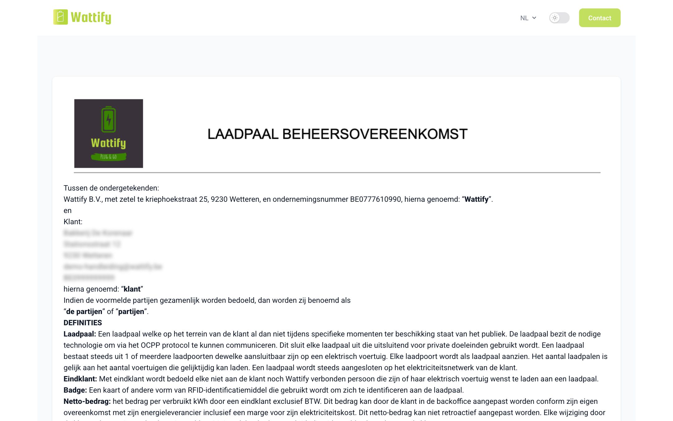 De pagina met het beheerscontract