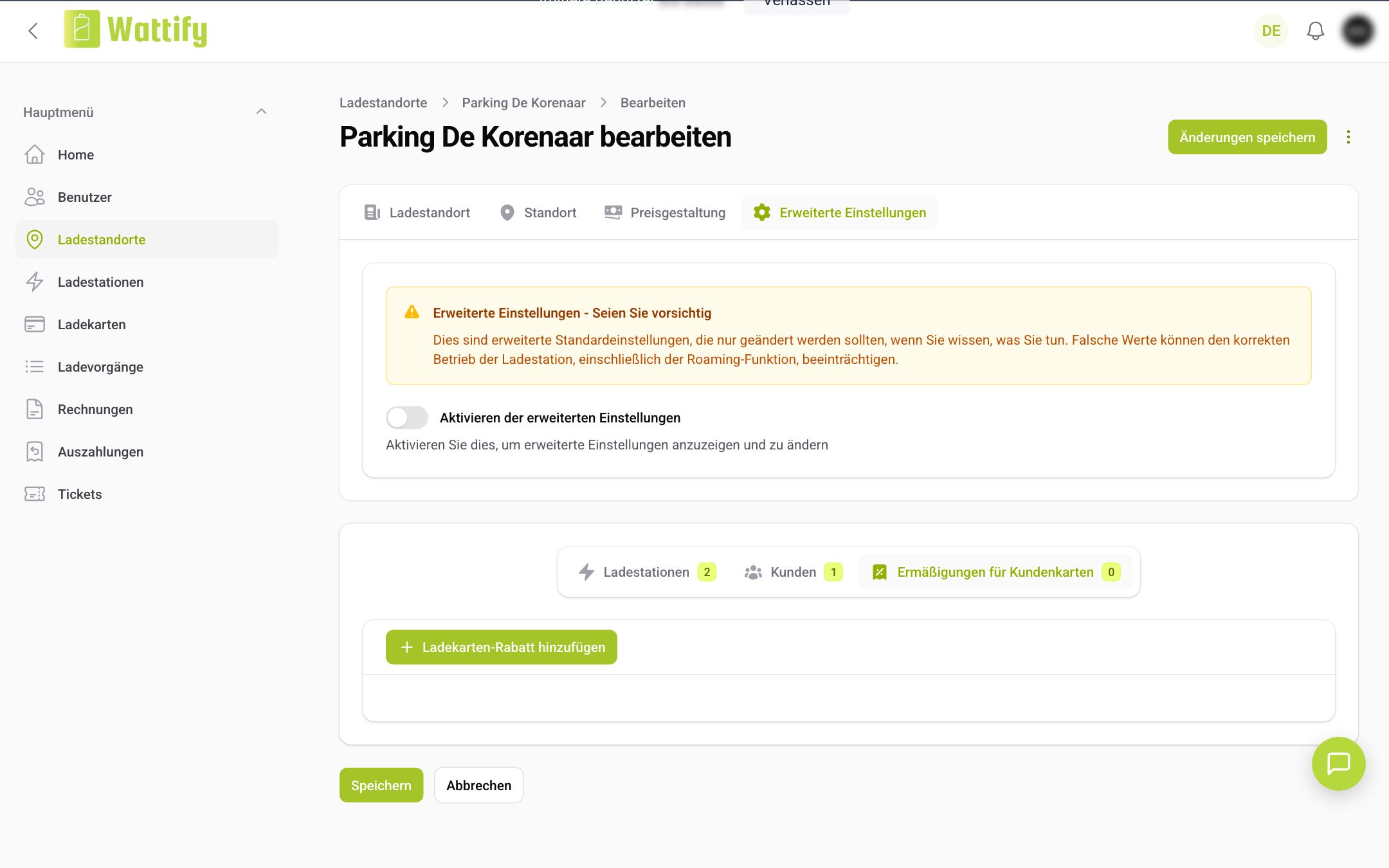 Die Registerkarte Ermäßigungen für Kundenkarten unter dem Ladestandort