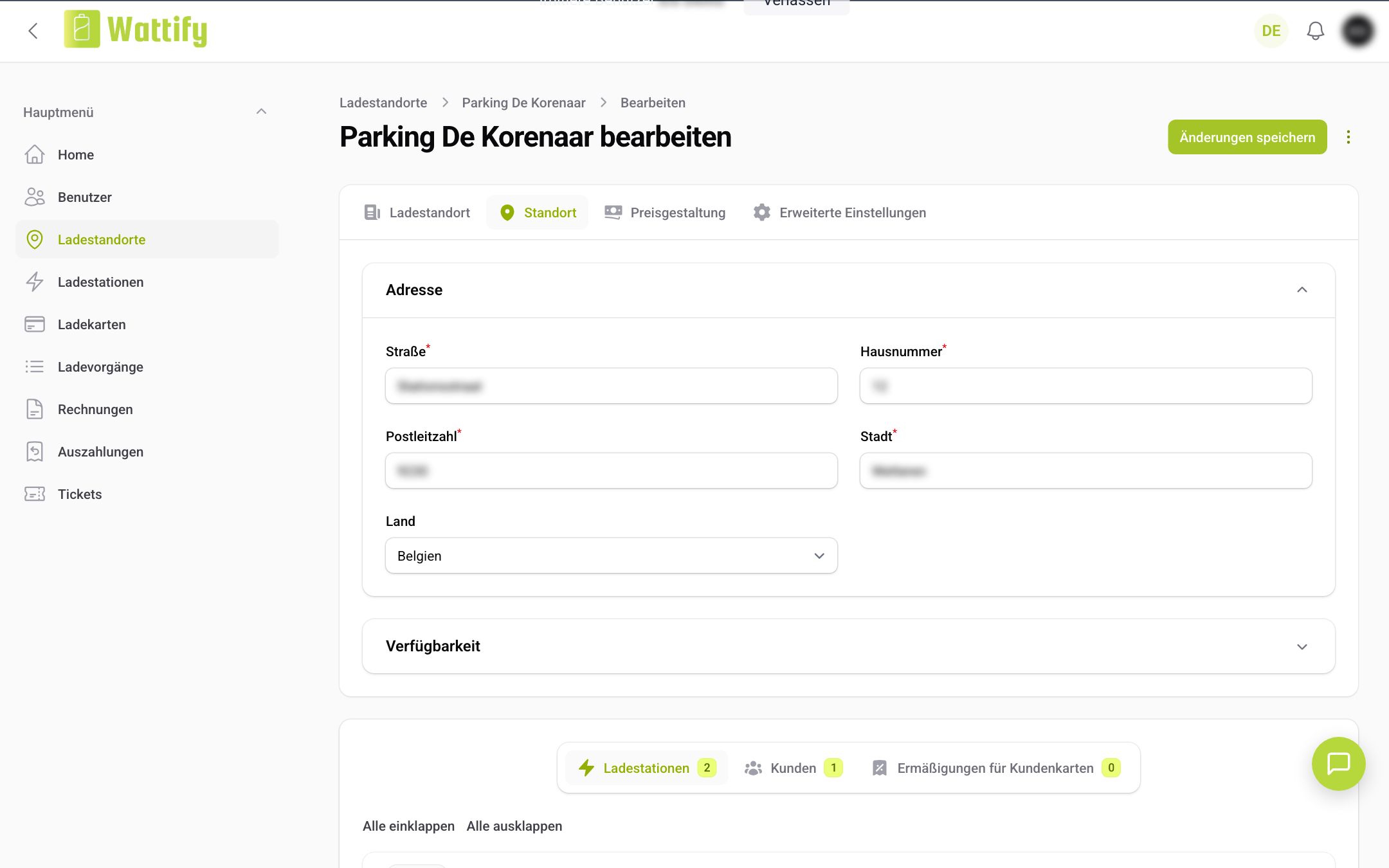 Die Registerkarte Standort mit der Adresse und der Verfügbarkeit