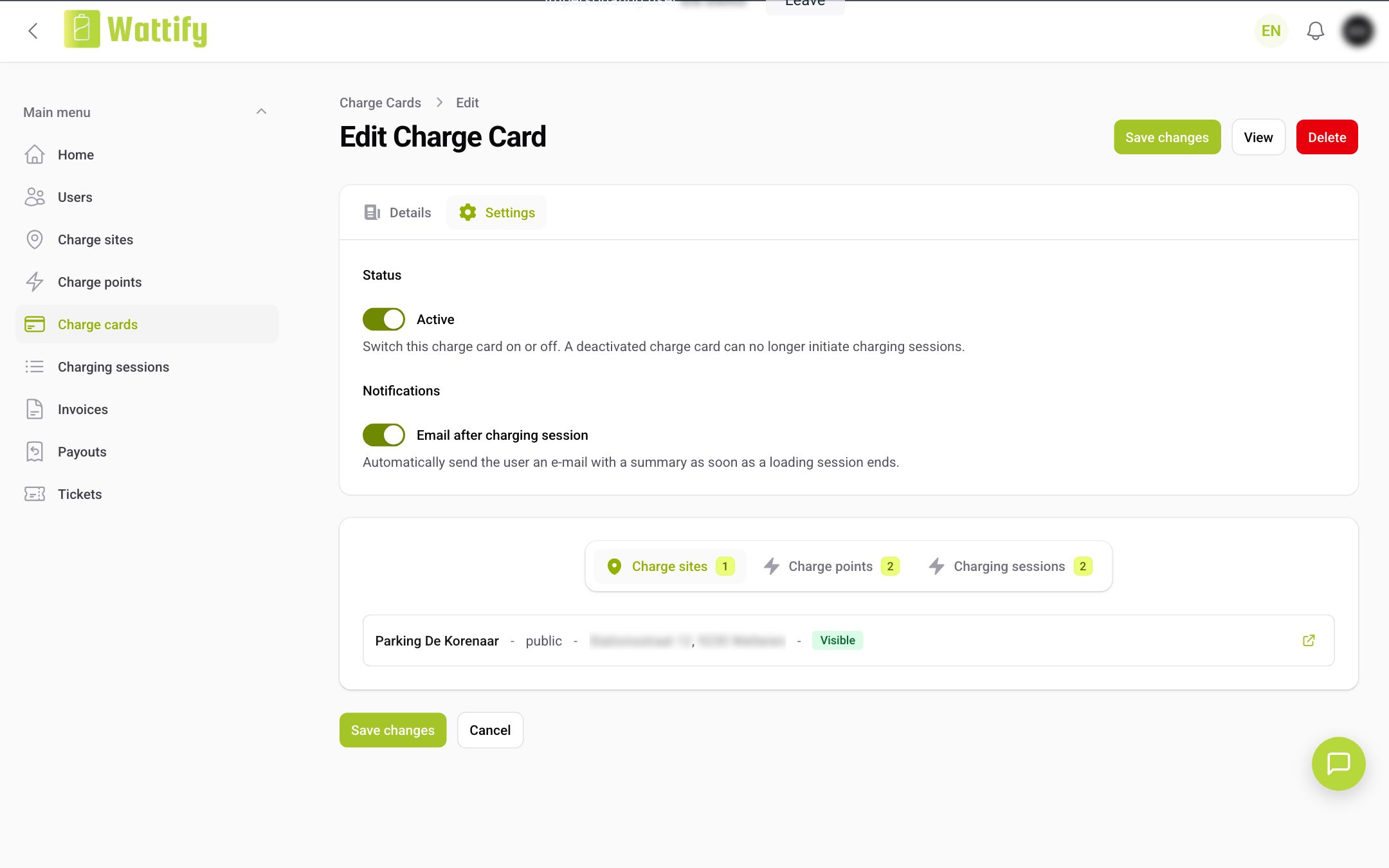 The Settings tab of a charge card