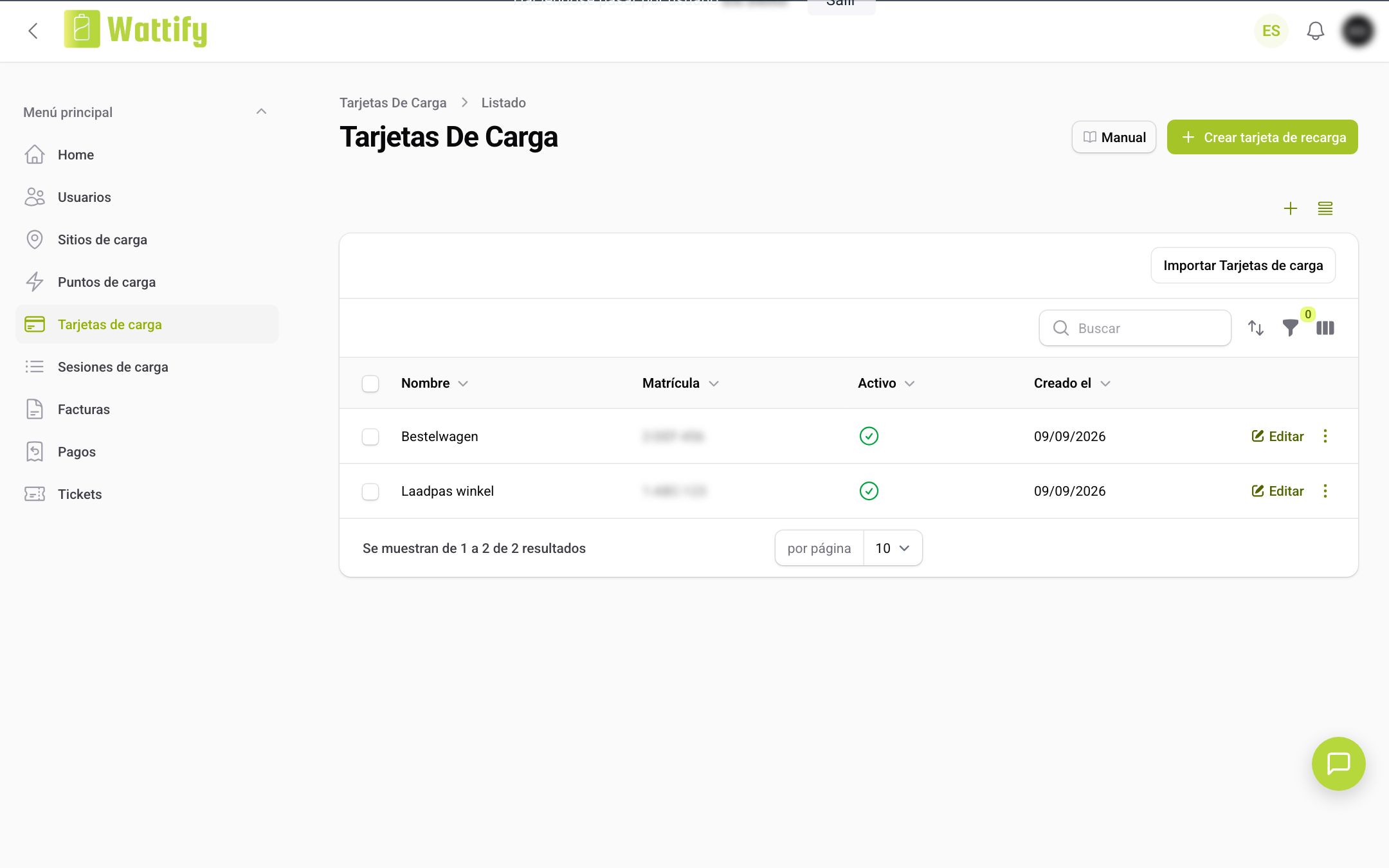 El listado de Tarjetas de carga