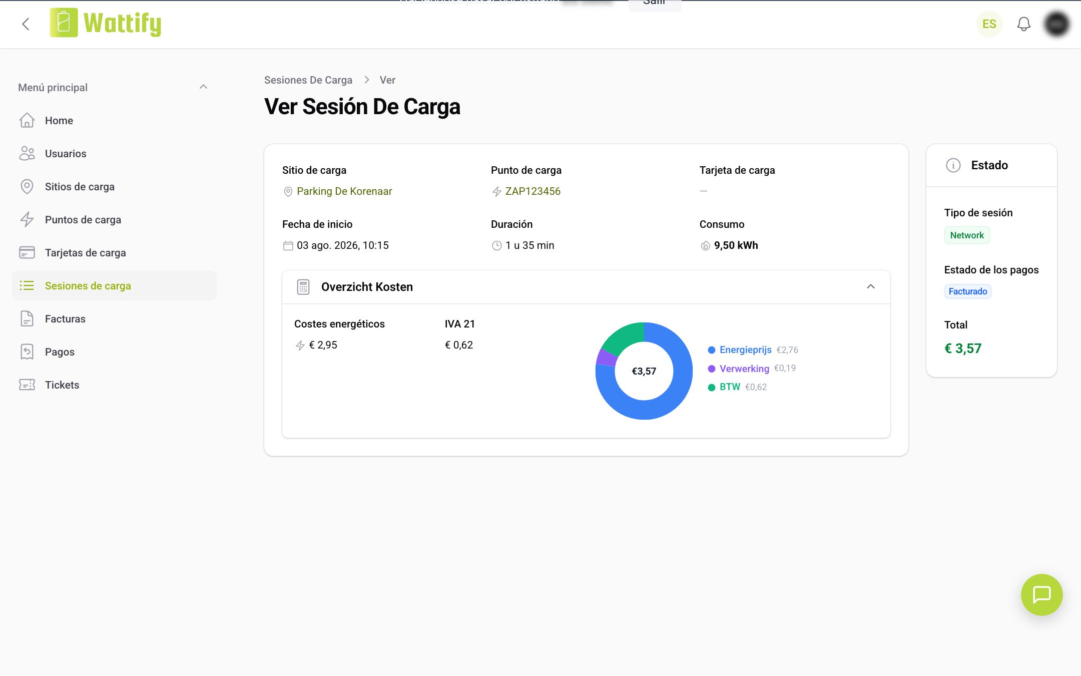 La página de detalle de una sesión de carga con el Resumen de costes