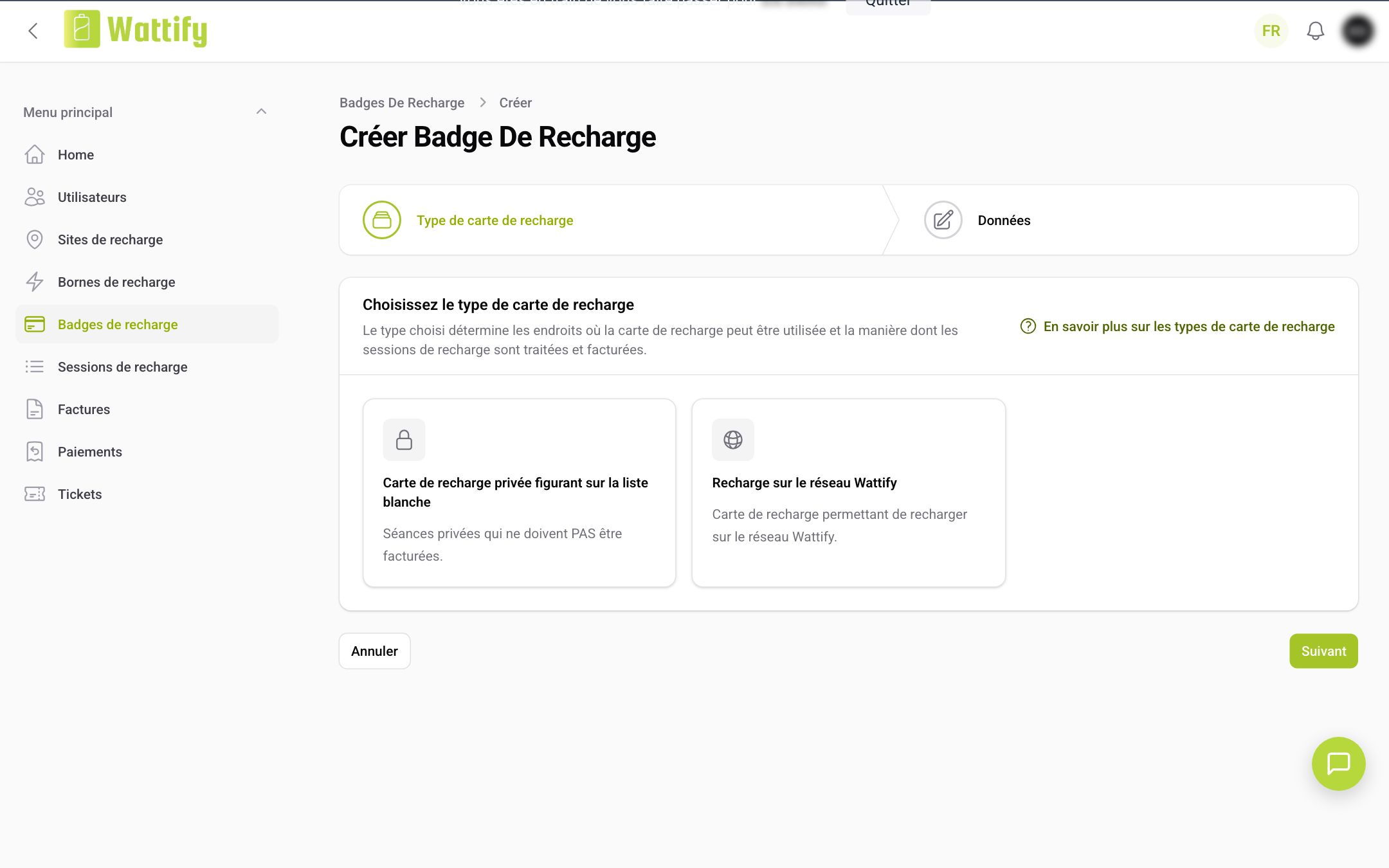 La première étape de la création d'un badge de recharge : choisir le type