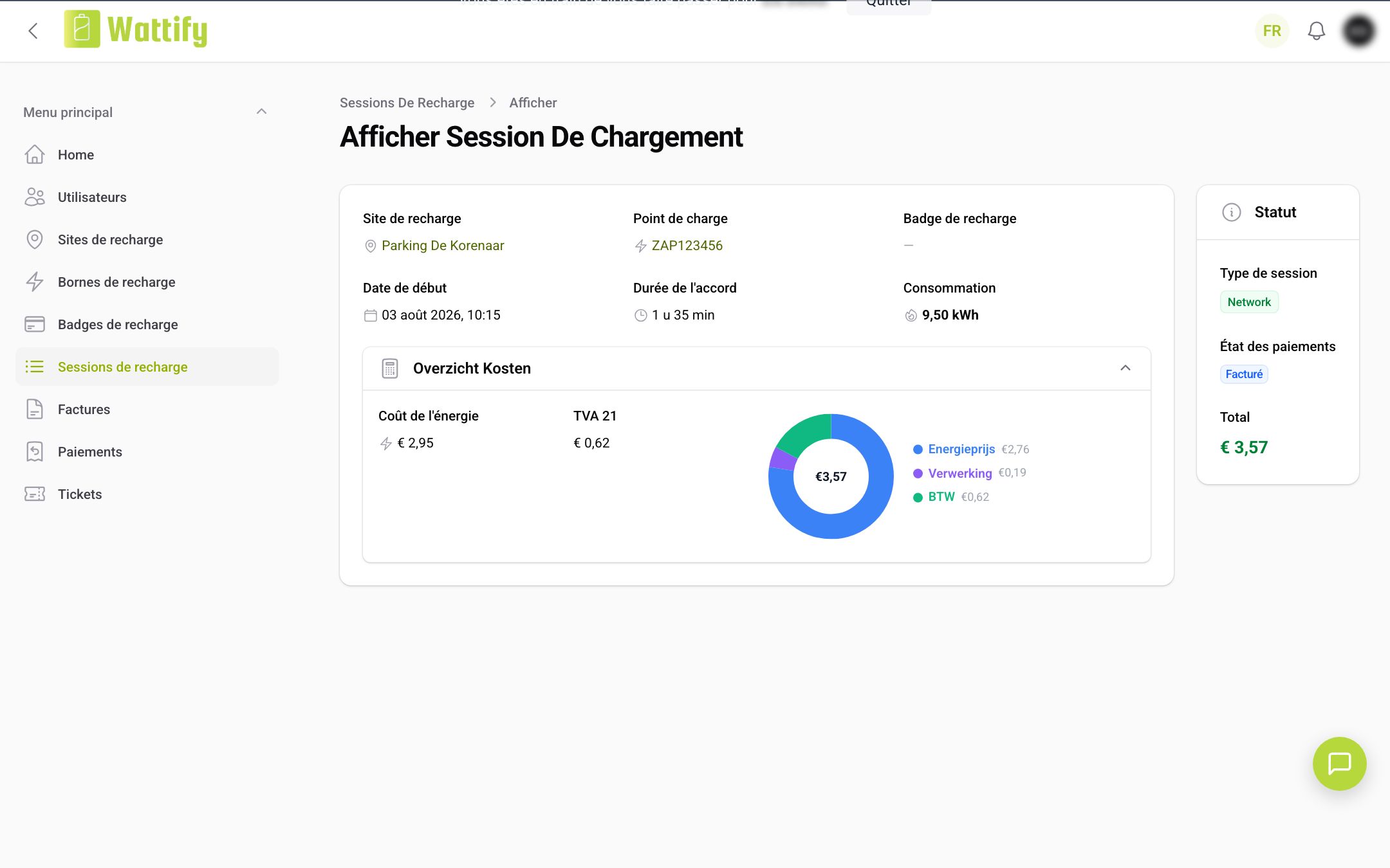La page de détail d'une session de recharge avec l'Aperçu des coûts