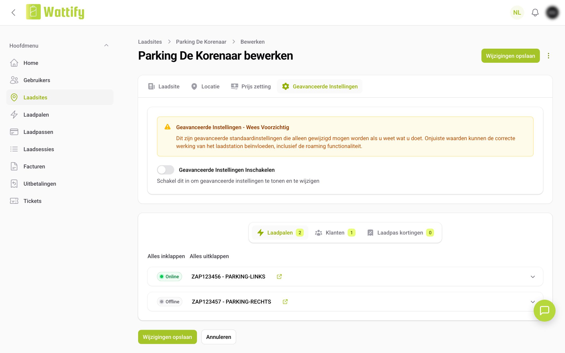 Het tabblad Geavanceerde Instellingen, nog uitgeschakeld