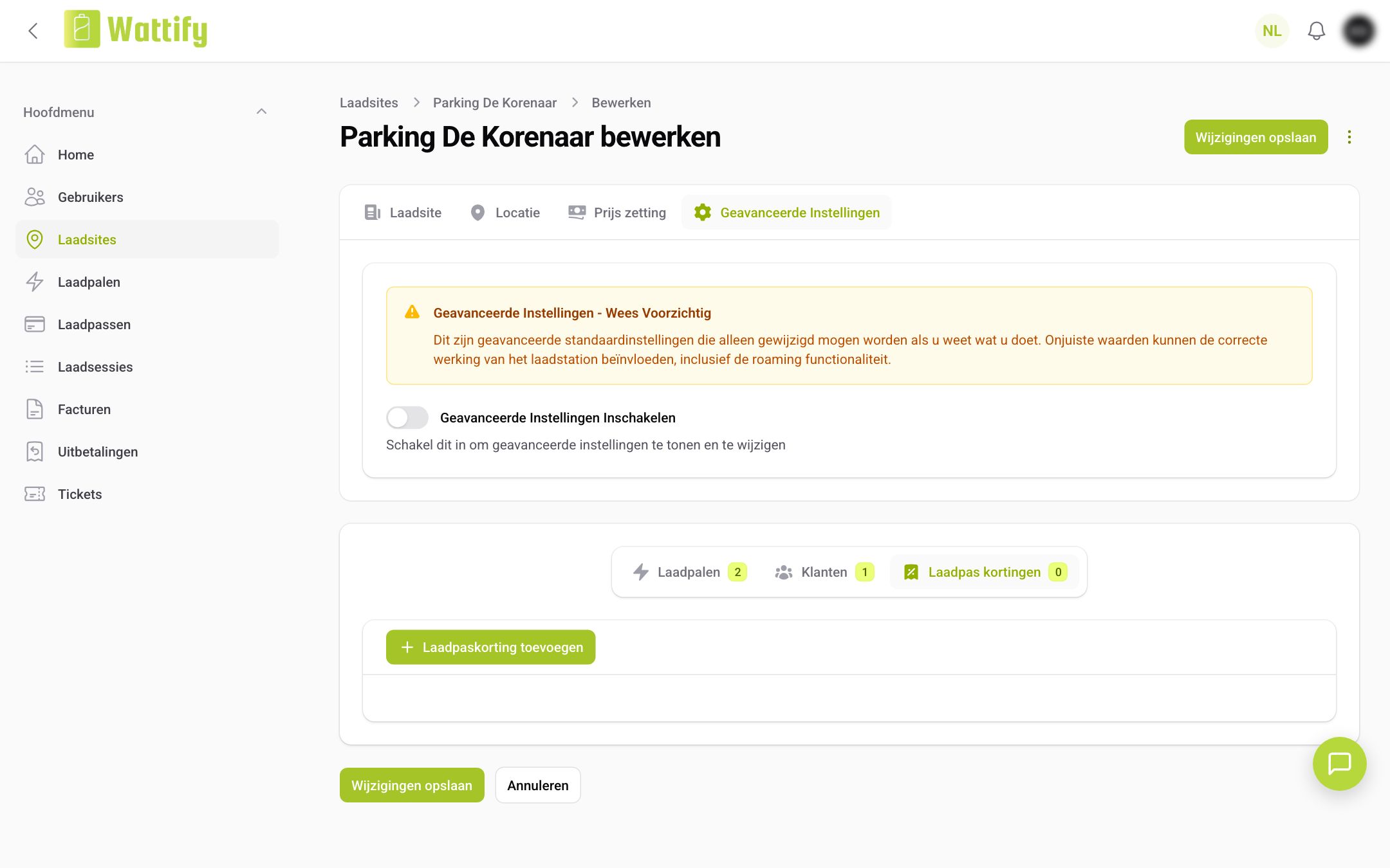 Het tabblad Laadpas kortingen onder de laadsite