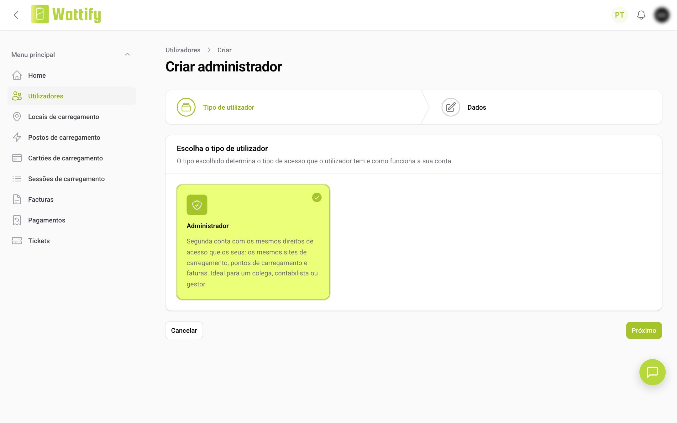 O primeiro passo da criação de um utilizador: escolher o tipo