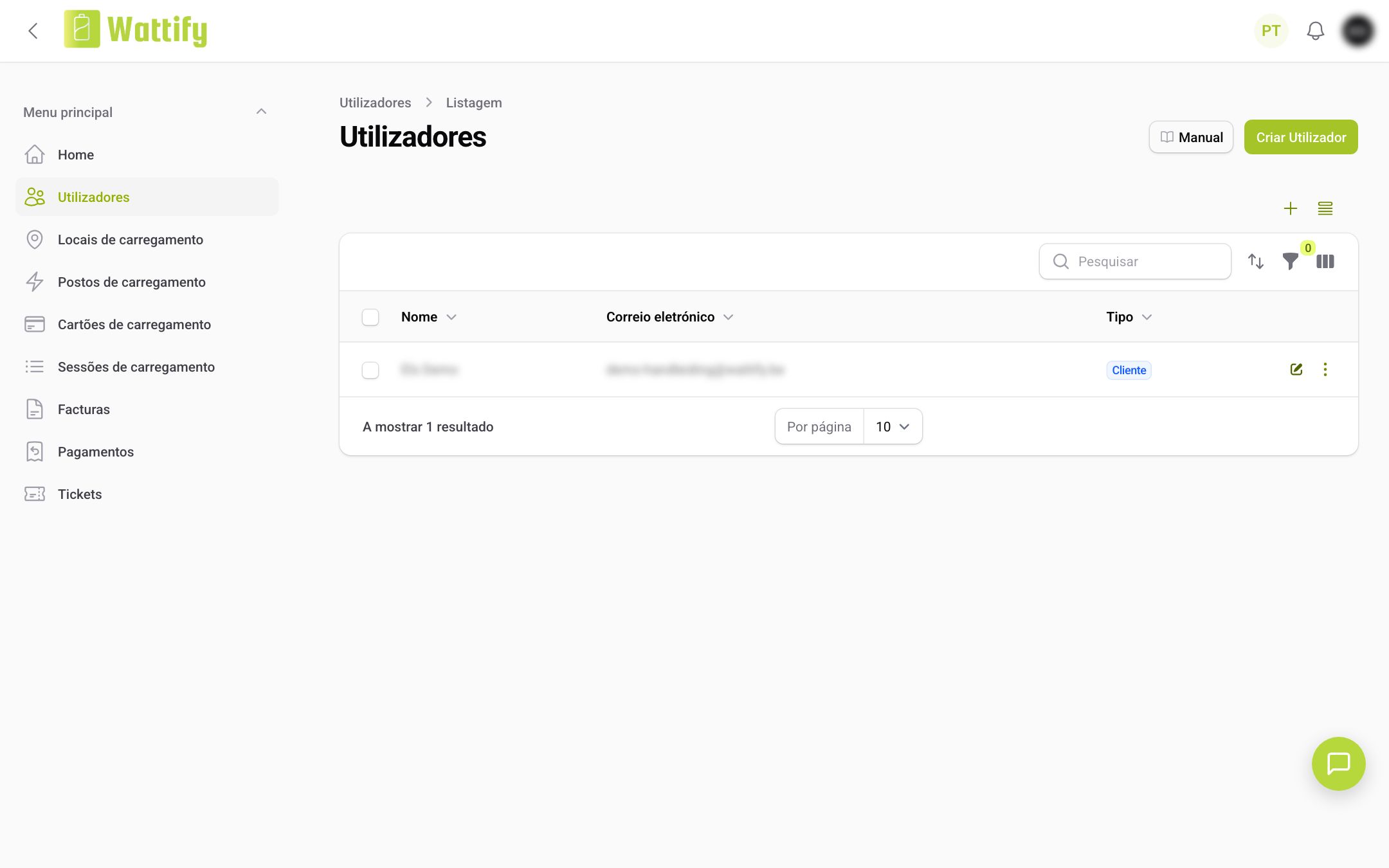 A lista Utilizadores de um cliente