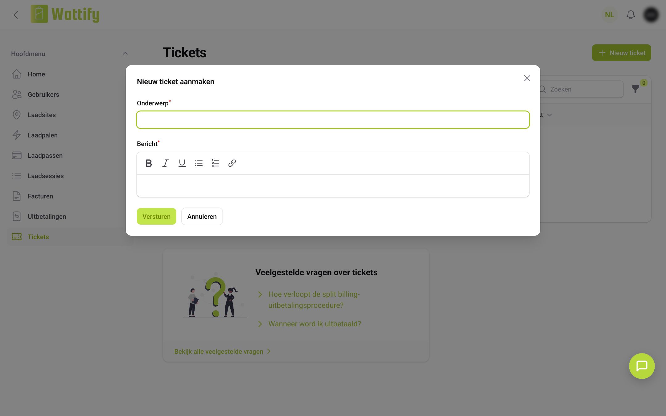 Het venster Nieuw ticket aanmaken